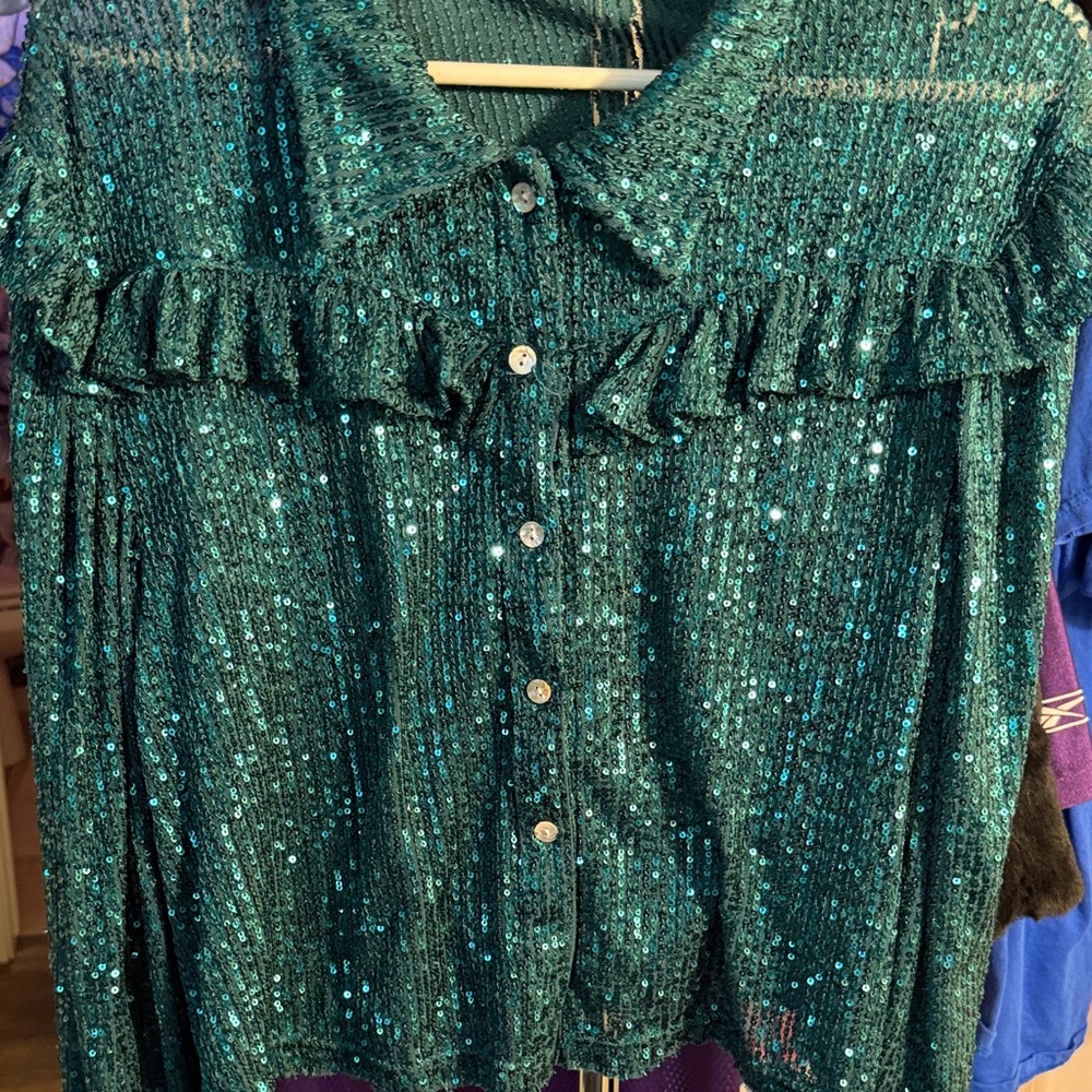 POL Dark Green Sequin Ruffle Blouse